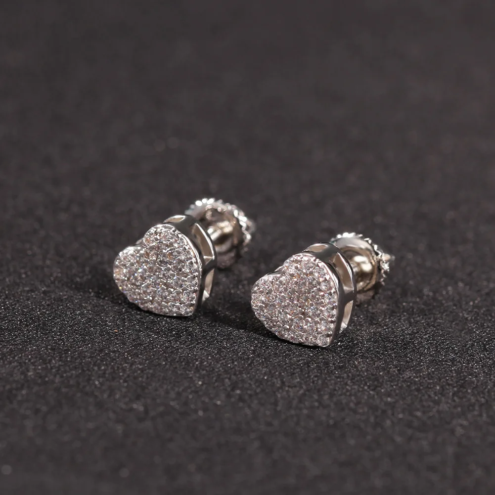 2021 New Hip Hop Jewelry Heart Stud Earrings Iced Out Cz Cubic Zirconia 925 Sterling Silver