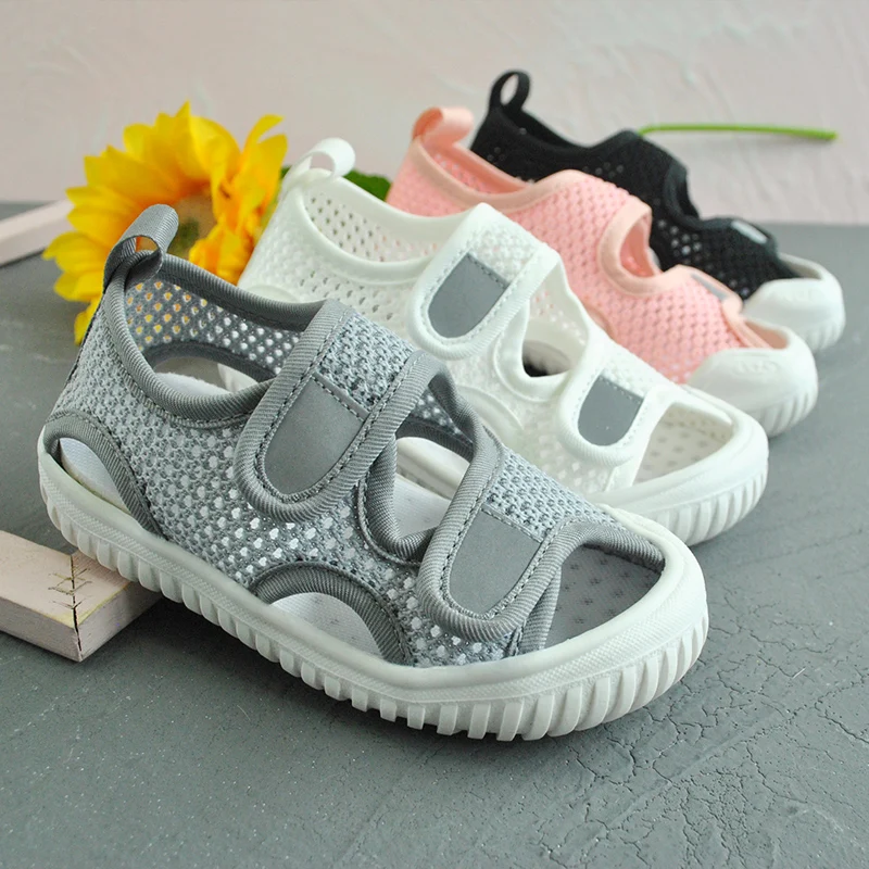 Серая детская обувь, оптовая продажа, плоская обувь, вязаная сетчатая ткань, детская повседневная обувь для лета