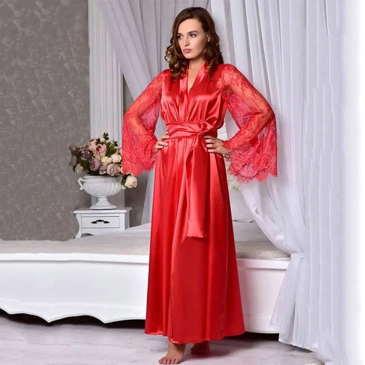 Qushine Long  Elegant Lace Bridesmaid Robes Women Silk Satin Bridal Wedding Bride Kimono Dress