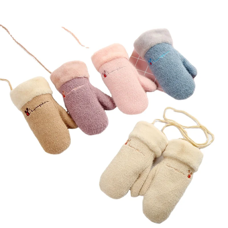
customized Cute Thick Knitted Plush Finger Mittens For Women wholesale Warm Winter Lady Girl Gloves With Lanyard 