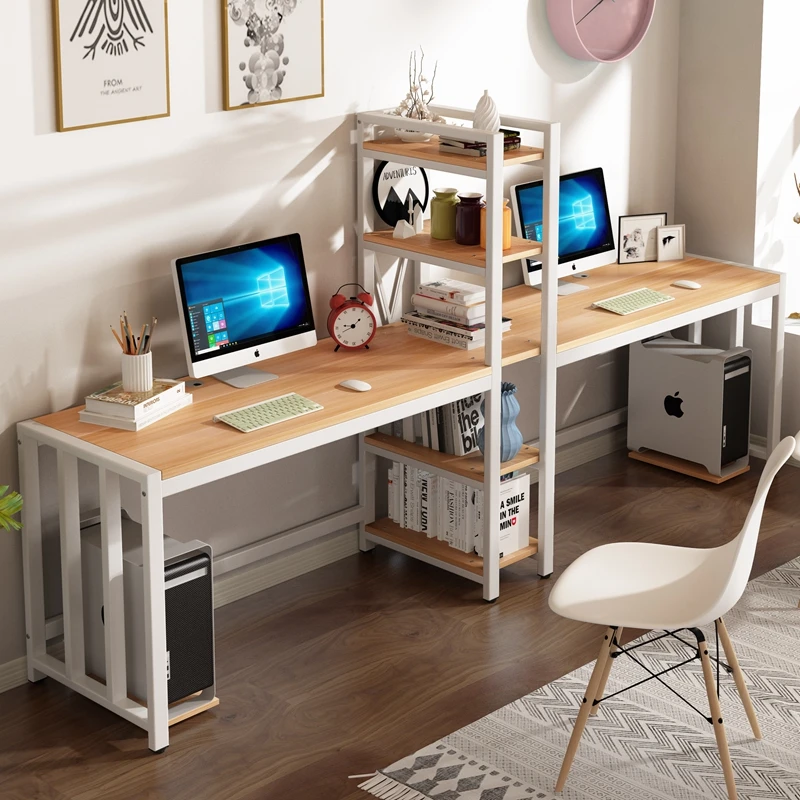 Computer Desk with Storage Racks Bookshelf 2 Person Wooden Gaming  Desk Top Computer Home Office Furniture