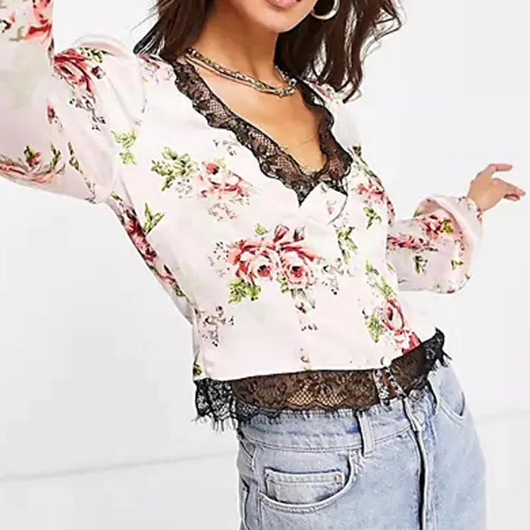 Summer Casual Blouses For Women Satin Long Sleeve Fashion Elegant Print Blouse Black Lace Neckline And Hem Blouses