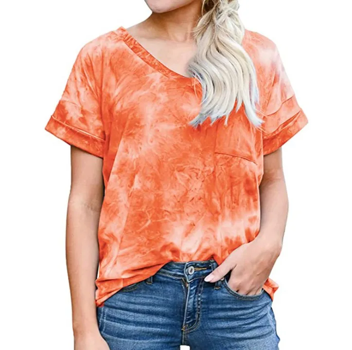 Zm10038b по индивидуальному заказу с v-образным вырезом 6 карамельных цветов для женщин футболки Новейшая модная футболка с короткими рукавами для женщин Топ