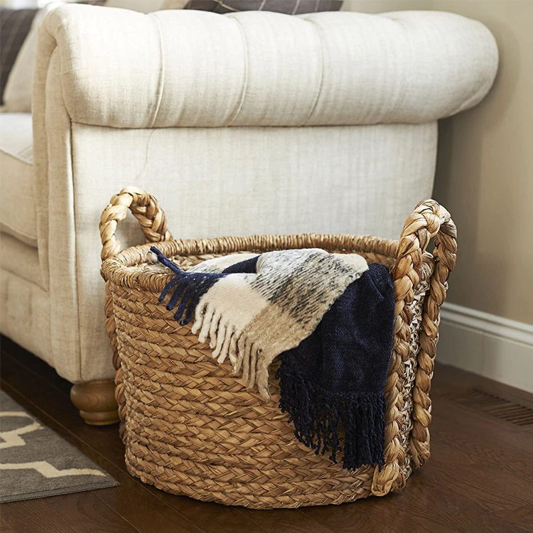Large Wicker Floor Storage Basket with Braided Handle Light Brown