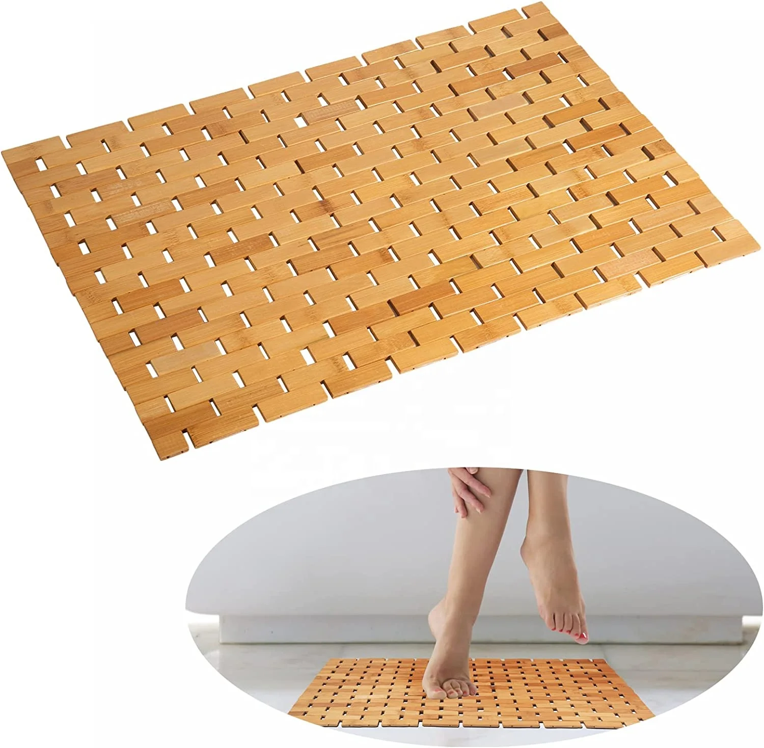 Bamboo Bath Mat Bathroom Rugs Floor Wood Shower Bathtub Waterproof Non Slip Accessories 16x24 Inch Easy to Clean, Natural, 1 pc