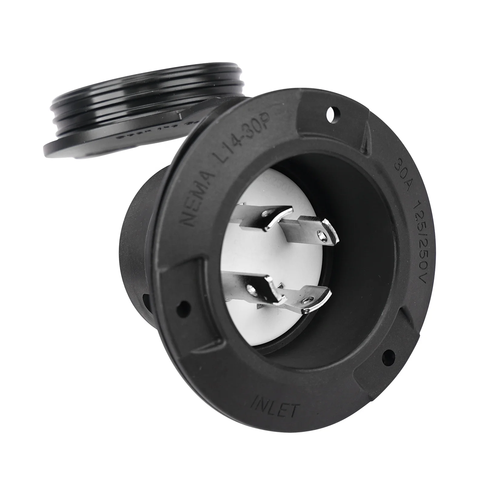 NEMA L14-30 Flanged Inlet Generator 4Prong Plug, 30A 125 Volt, Locking Receptacle Socket, Black Industrial Grade