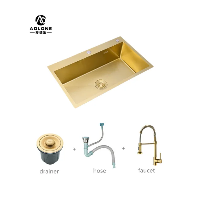 ADLONE Gold Luxury Stainless Steel Kitchen Sink Over or Under Counter 304 Stainless Steel Single Bowl Gold Basket Drainer Soap D