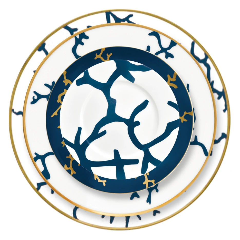 wholesale fine bone china blue with gold rim elegant ceramic dinnerware sets for wedding hotel use