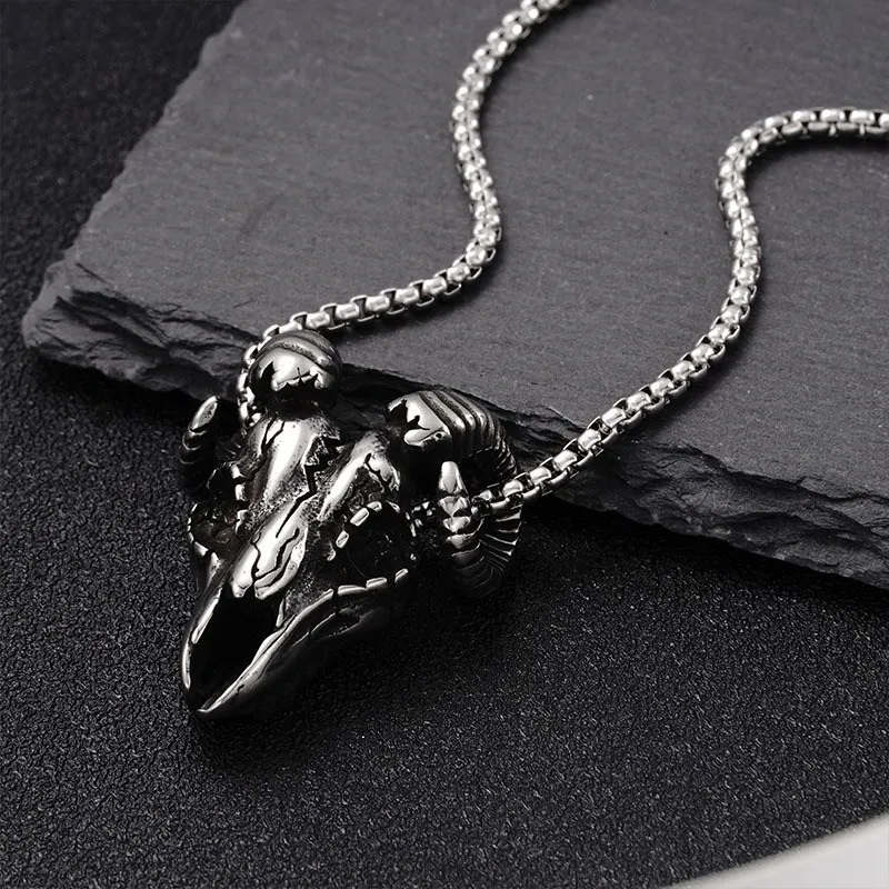 Unisex Stainless Steel Gothic Pendant with Demon Satan Baphomet Goat Head Skull Silver Plated for Gift or Party