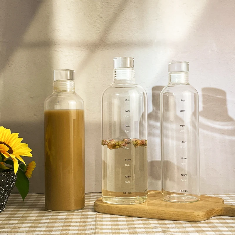 500ml 750ml 1000ml High Borosilicate Clear Glass Drinking Bottle Time Marker Glass Water Bottle With Airtight Glass Lid