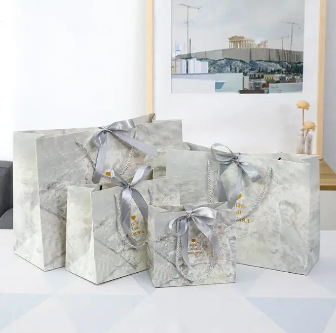 wholesale boutique cheap present paper bag luxury wedding marble gift bags with ribbon