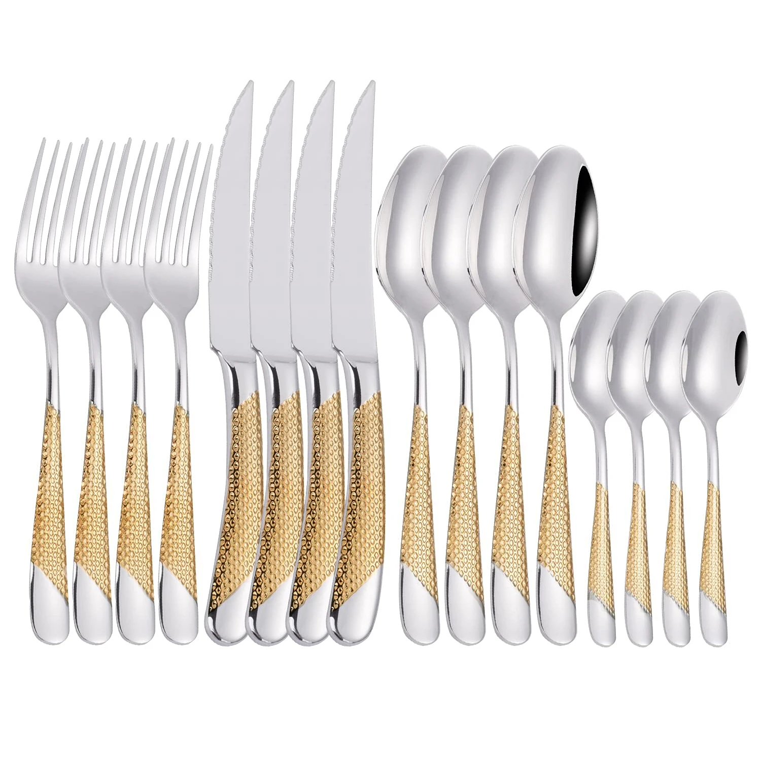Luxury Custom Logo Stainless Steel Mirror Polish Hotel Wedding Flatware Silverware Star Diamond Gold hammered Cutlery Set