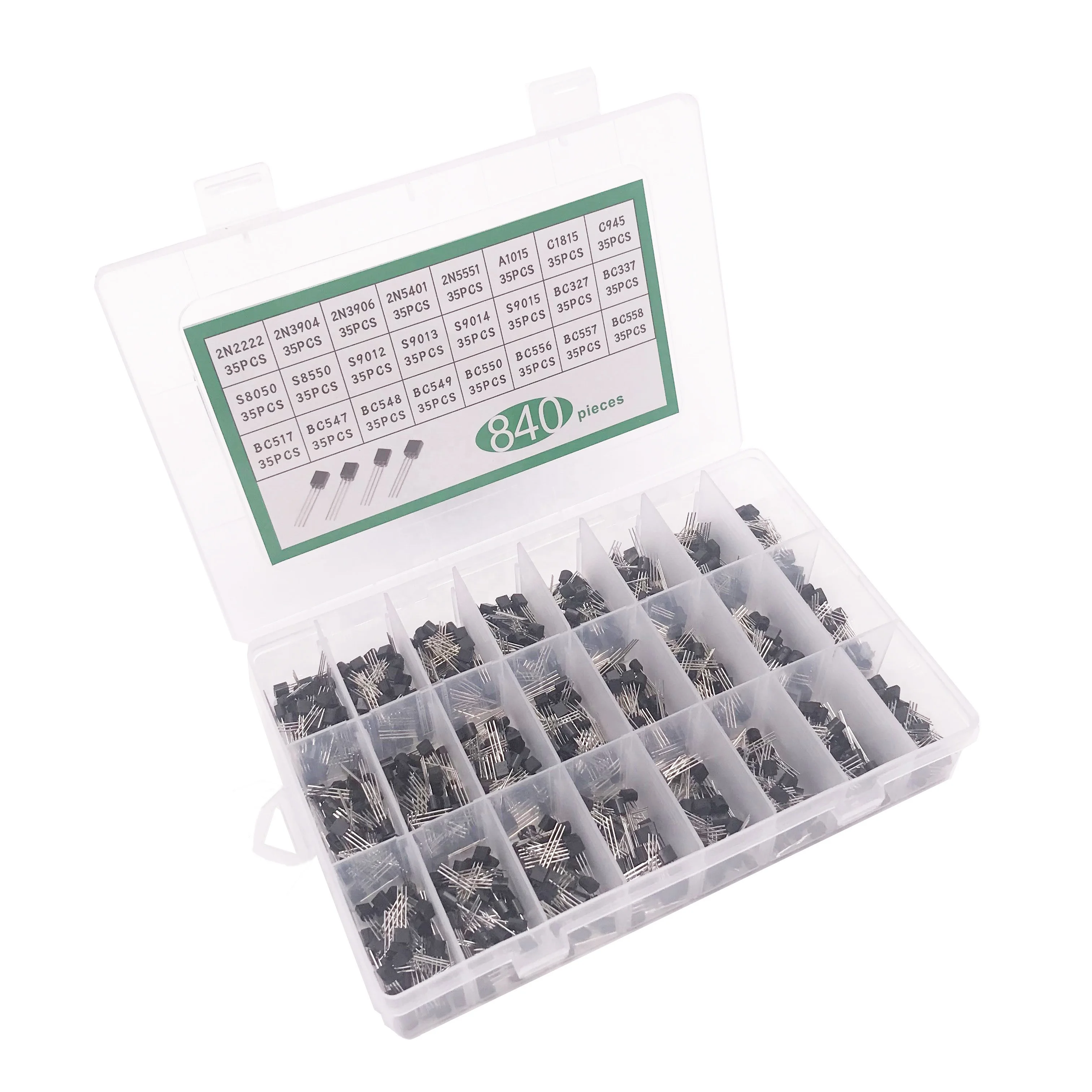 840Pcs/lot 24 value 3Pins TO-92 NPN PNP Power General Purpose Transistors with Assortment Kit 2N2222 3904 3906 C945 BC327 BC337