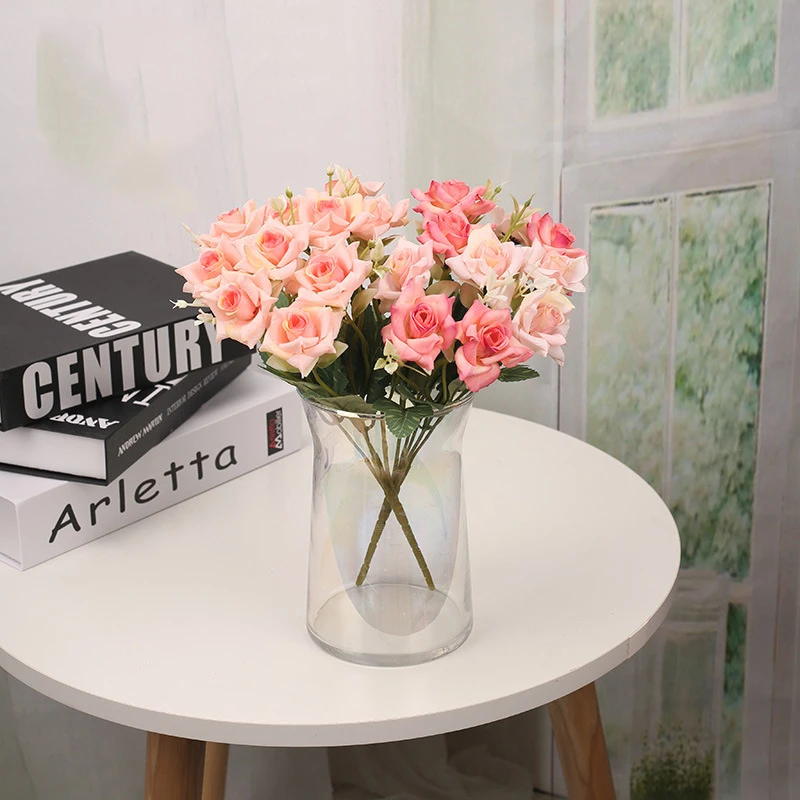 10 small horn rose simulation flowers are placed at home, and the hotel is decorated with rose silk flowers