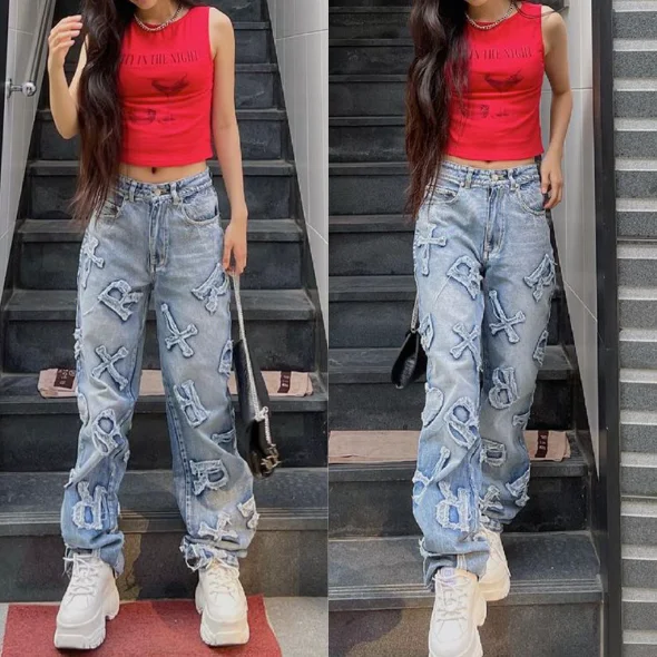 New Fashion Custom Brand Women Jeans Pants Straight Denim Ladies Pants High Waist Jeans Design Women jeans