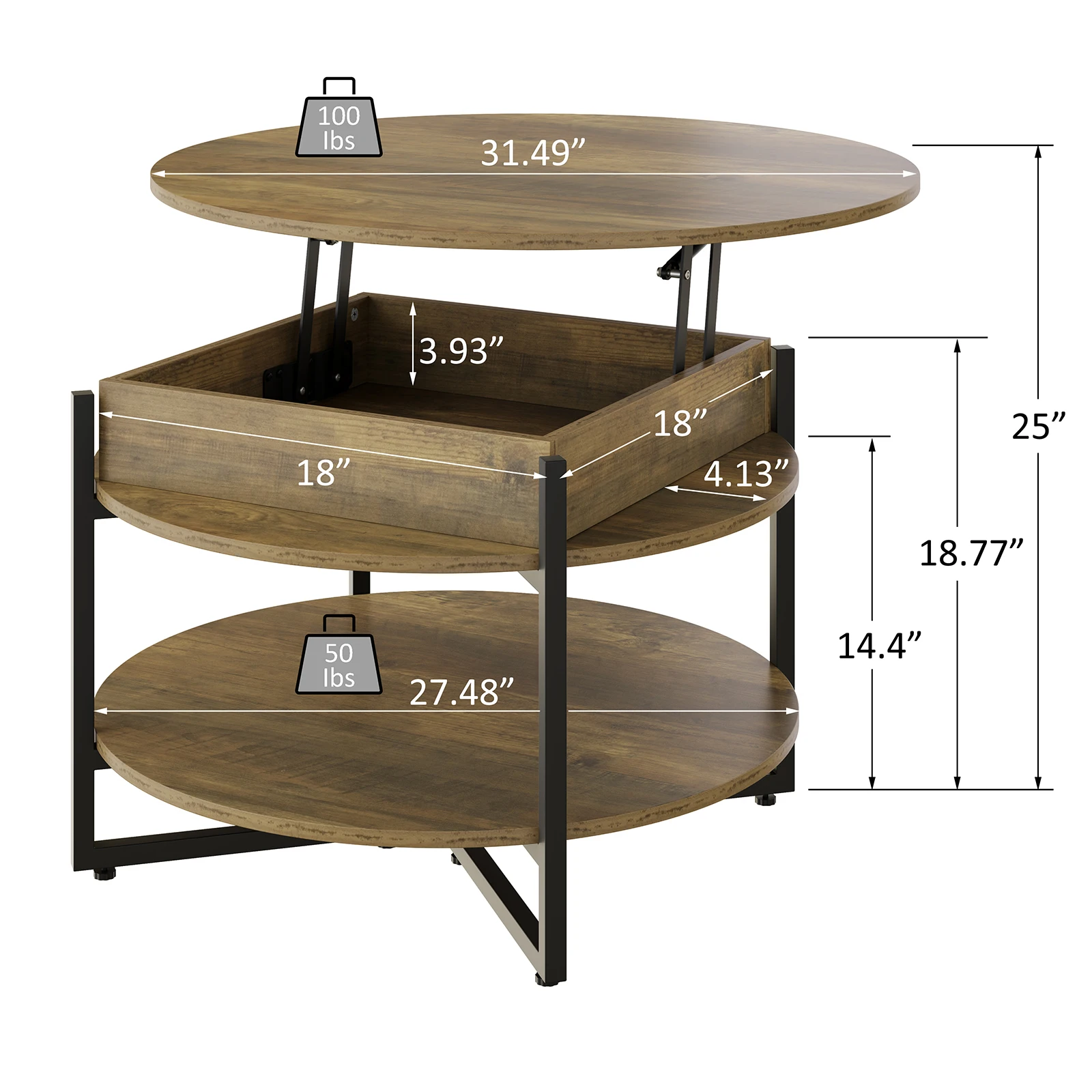 Round Center Table Wood Lift Top Circular Coffee Table with Hidden Storage Compartment and Shelf