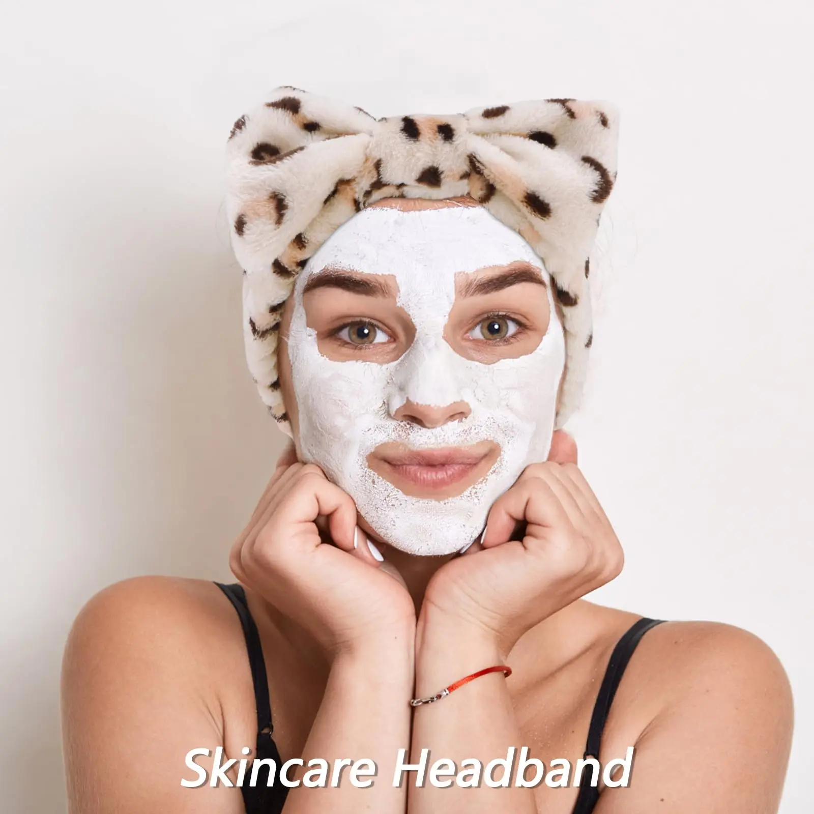 Makeup and Skincare Headbands, Leopard Sponge Hair Band Bow Tie Spa Headband for Washing Face Wristband Set Hair