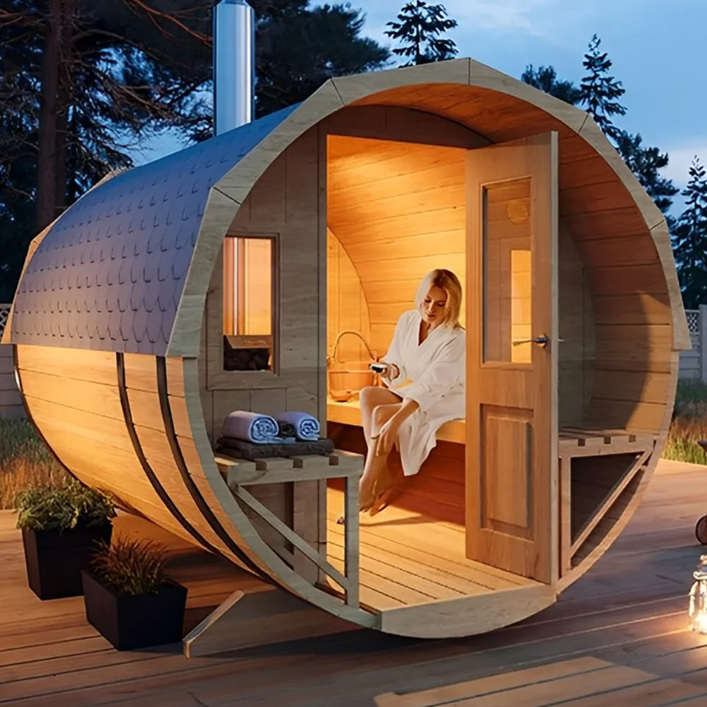 Home Canadian Red Cedar Outdoor Lay Down Barrel Steam Sauna Room