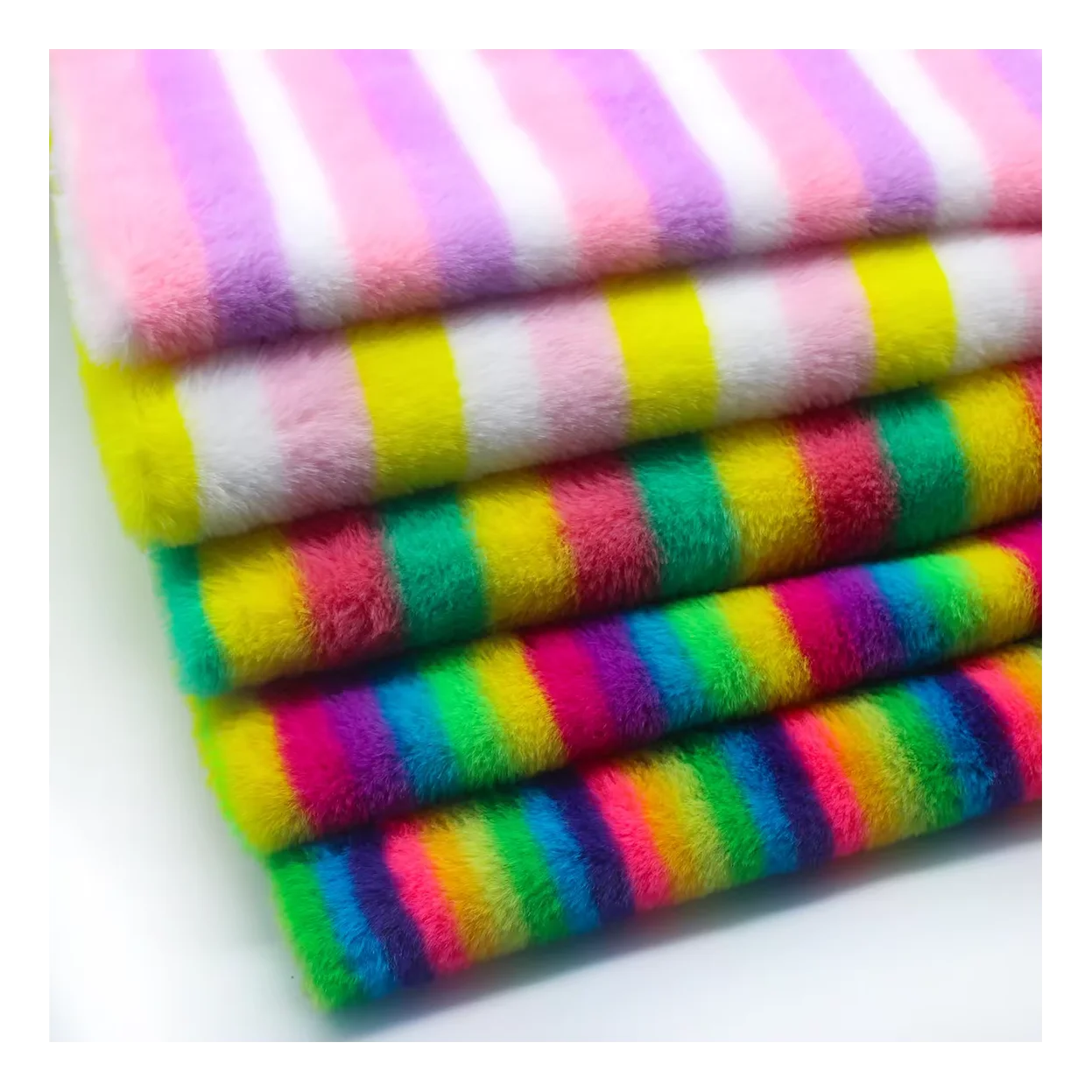 Recycled 100% polyester plush fabric Colorful bar Rainbow strip Rabbit fur print  fabric for toy sofa shoes Bag