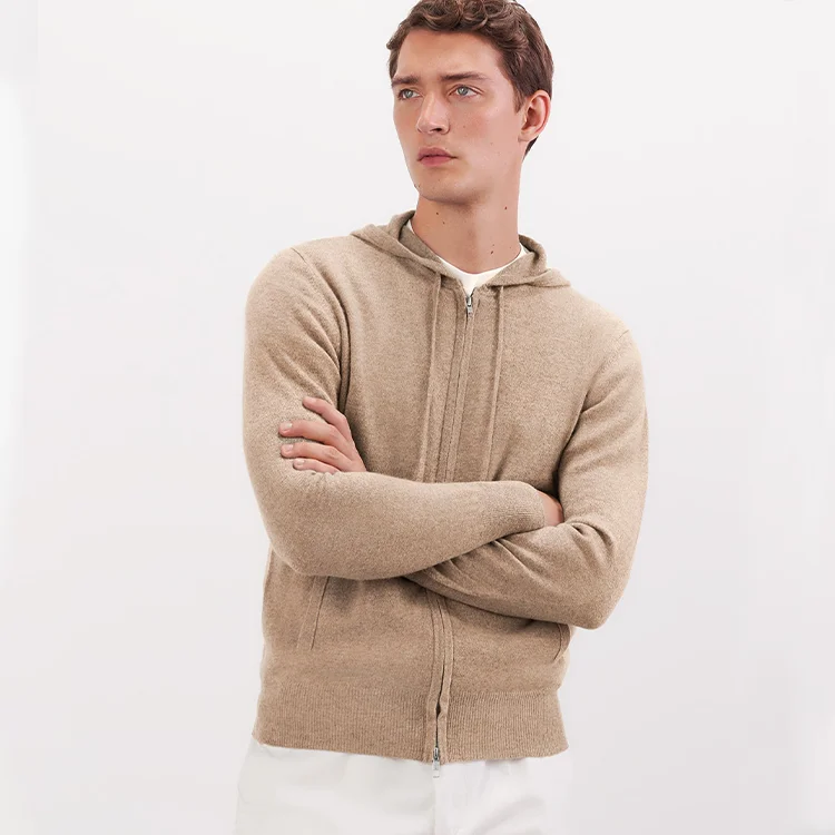 custom logo men long sleeve zipper sweater with hoodies soft wool  cashmere knitted cardigan man hoodies sweaters