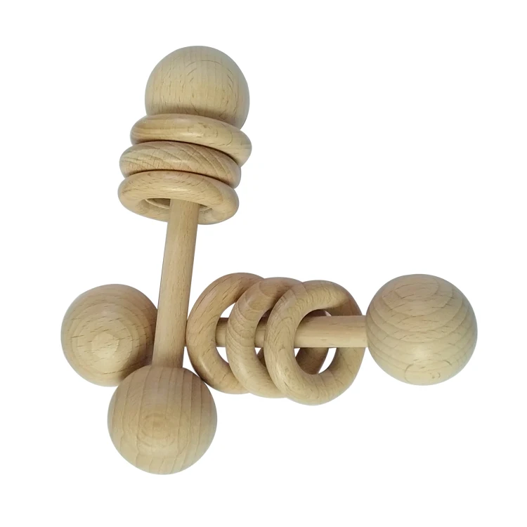 Custom natural beech wood  baby teether rattle toys for babies