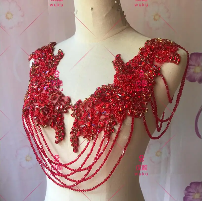 wuku 2021 pair design lace applique encruted crystal and tassel fringe design