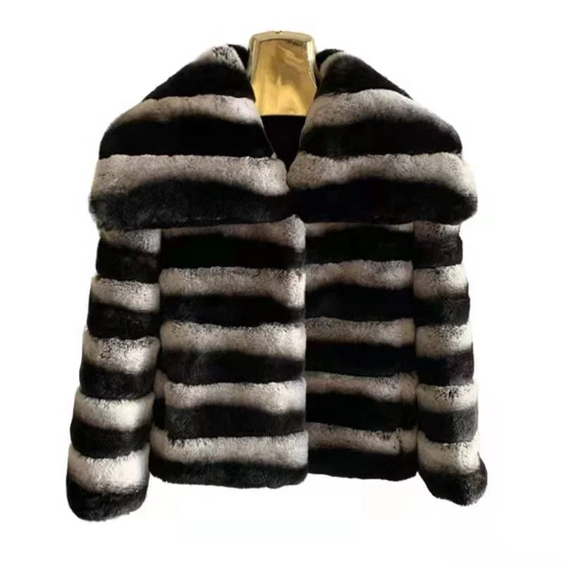 High level   Rex    Chinchilla  fur  coat  dyed  Color   Winter fur  coat    Women Warm  long  fur  overcoat