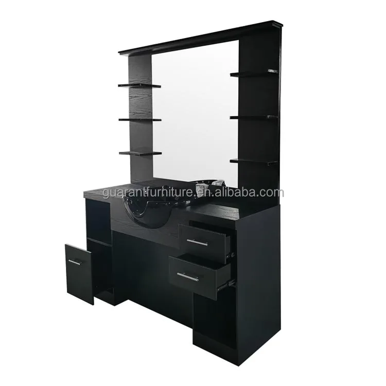 Black plywood barber station mirror barber station with ceramic sink washing barber table