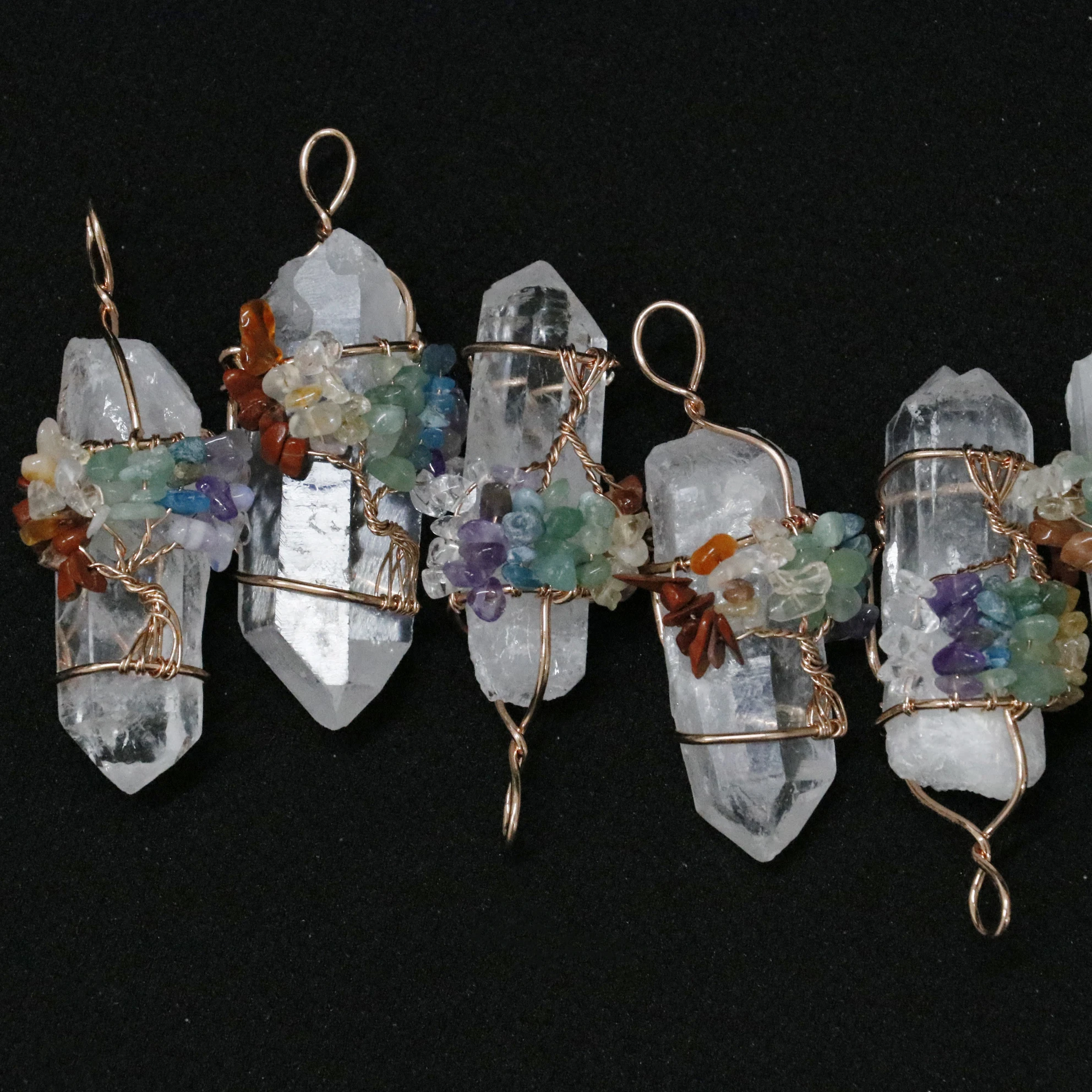 Wholesale Natural Crystal Pendant Crystal Tree  Original Stone Hexagonal Prism Quartz Pendant