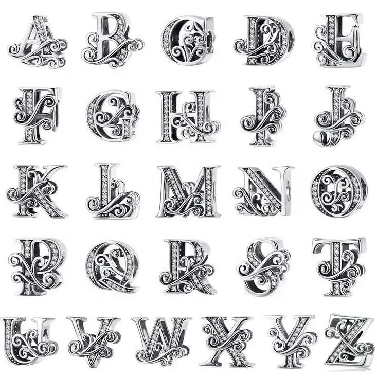 Wholesale Hot Sale Letter Pendant Jewelry Beads for Jewelry Making Bracelet Charms 925 Sterling Silver 26 Alphabet Metal