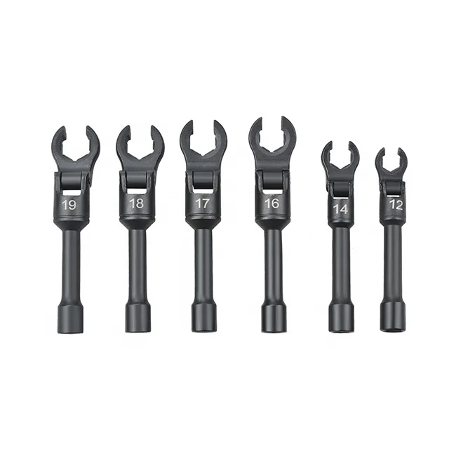 FLAVIC 6 PC Flexible Head Diesel Injection Wrench Set 3/8' Drive Injector Fuel Line Crowfoot Flare Nut Socket Auto Repair Tools