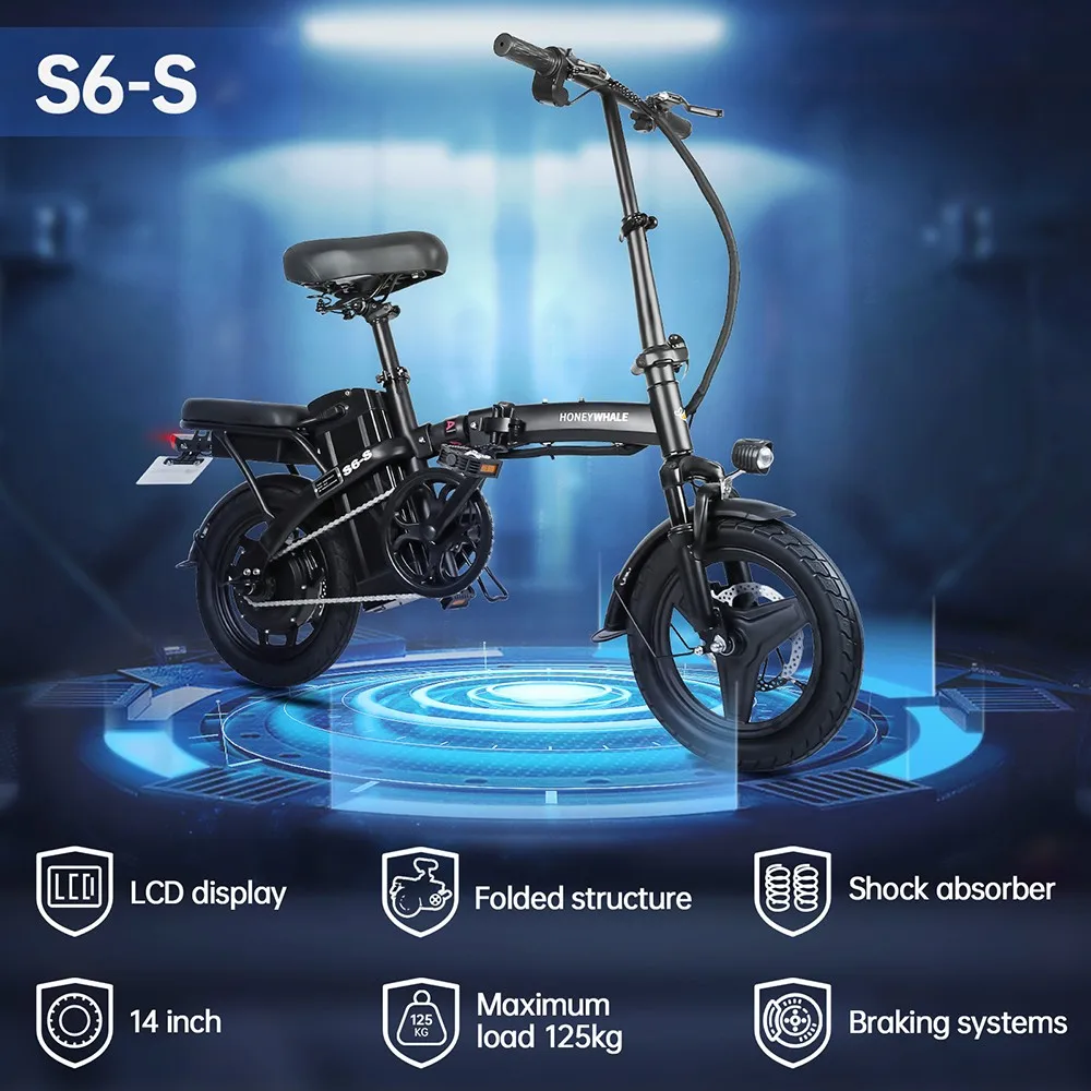 HONEYWHALE S6-S 14-inch Electric Bike 250W Motor 48V 10.4Ah Battery 25km/h Front and Middle Suspension Damping Dual Disc Brake