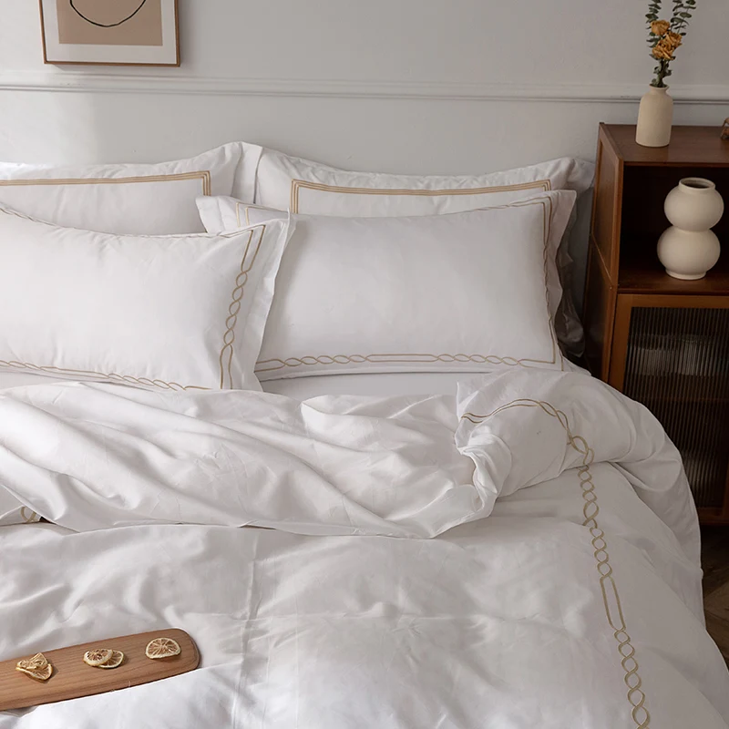 5 Star Gold Embroidery Thread Hotel Quality Linen Bedding Set Bed Luxury Sheets 100% Cotton