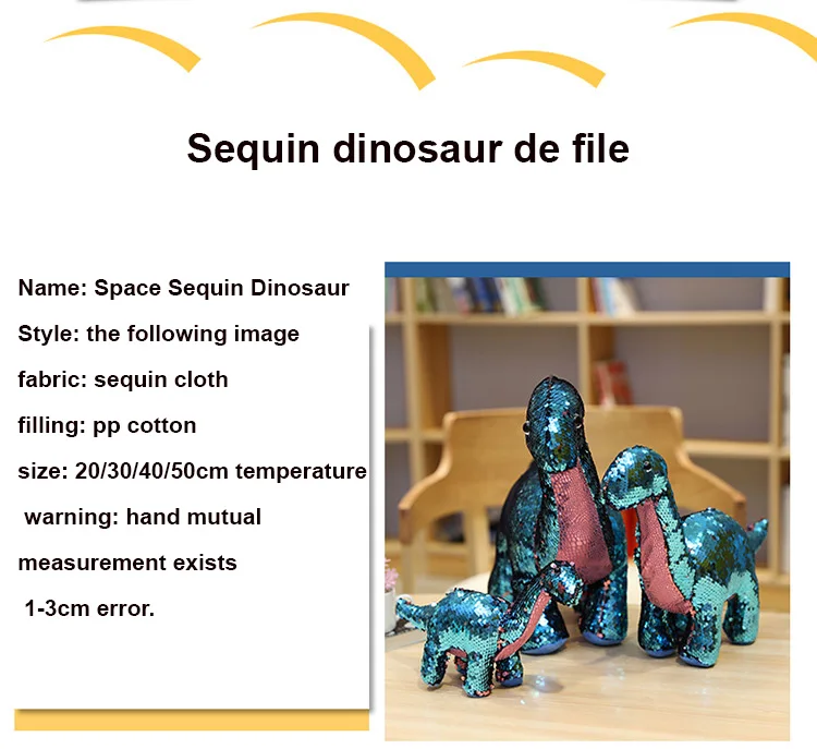 Simulation Cartoon Space Sequin  Dinosaur Pillow Blue Cute Domineering Shaped Dinosaur Plush Toy for Kids