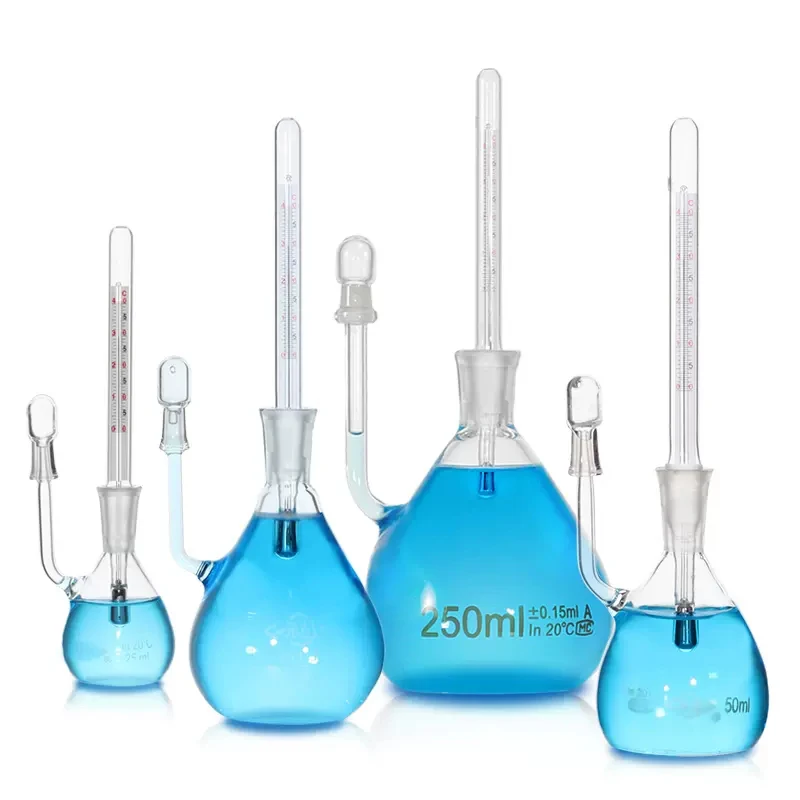 Specific Gravity Bottle Pycnometer Glass Density Bottle Lab Glassware with Thermometers, 25ml -250ml Capacity