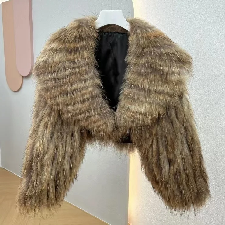 Natural  Raccoon   fur  coat    Long hair   Warm   Raccoon fur strip    Short  Coat