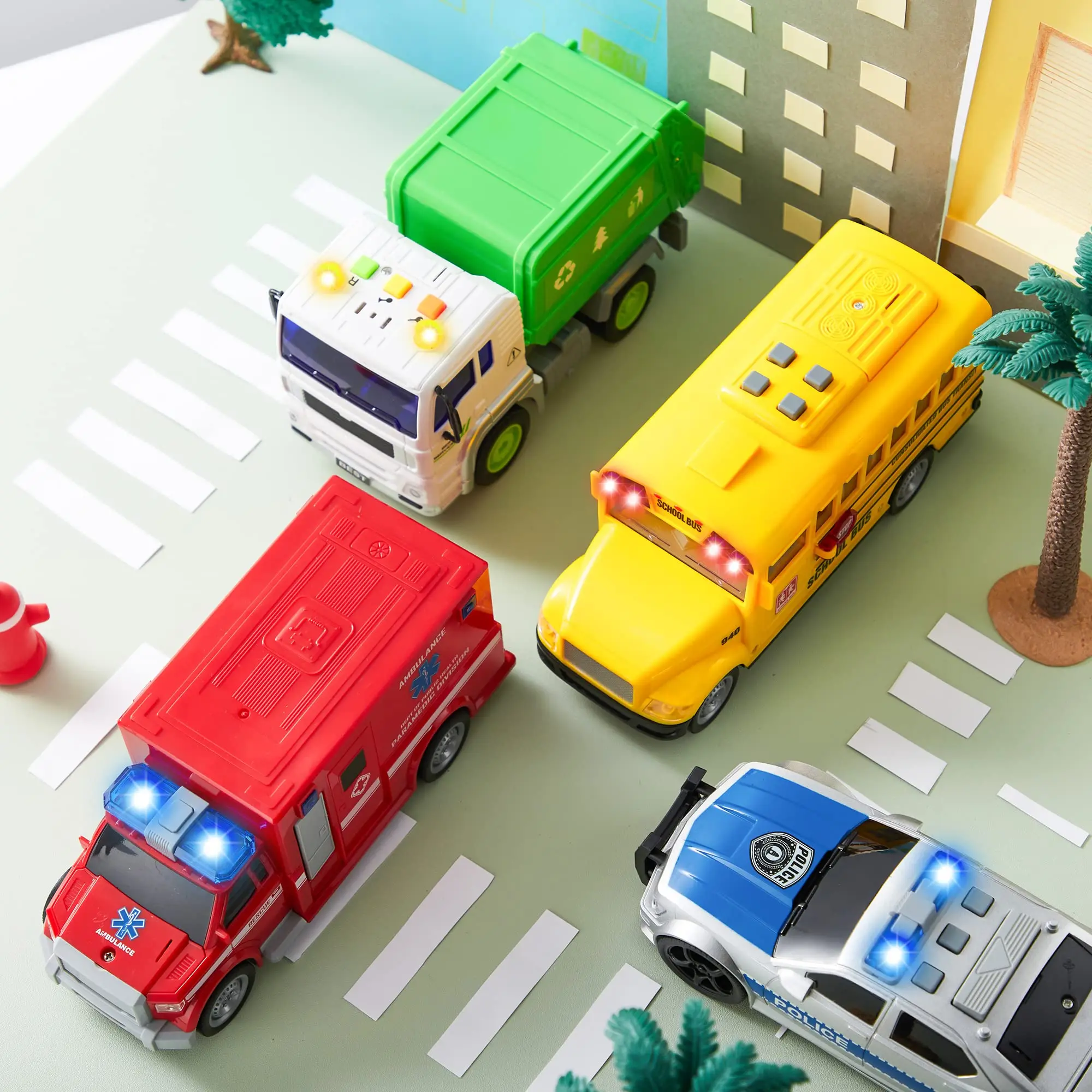 Toddlers Cars with Lights and Siren Sound, Including Play Police Car, School Bus, Toy Garbage Truck, Ambulance Toy,