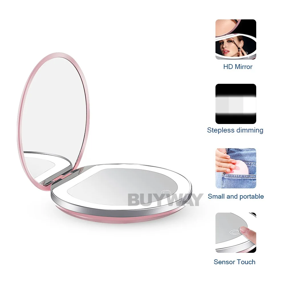 Two Sides Portable Handheld Rechargeable Small Led Pocket Mirror With Light