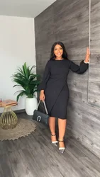 BOBOYU 2022 new arrival women modest work career dresses round neck puff sleeve slim midi dress elegant dress ladies office wear