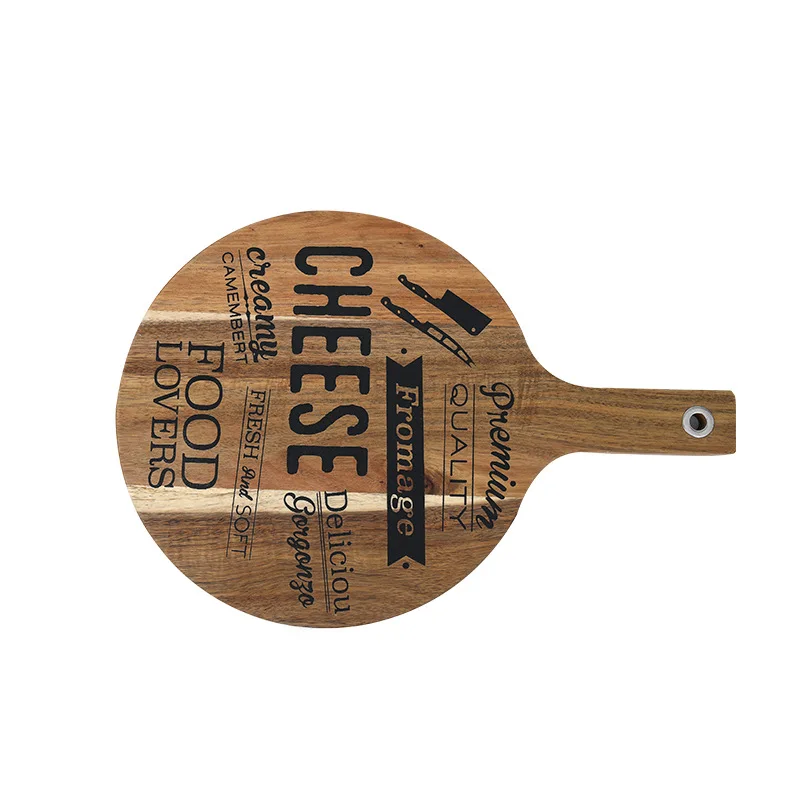 Yesjoy custom round Acacia cutting board with customized  hand writings and handle