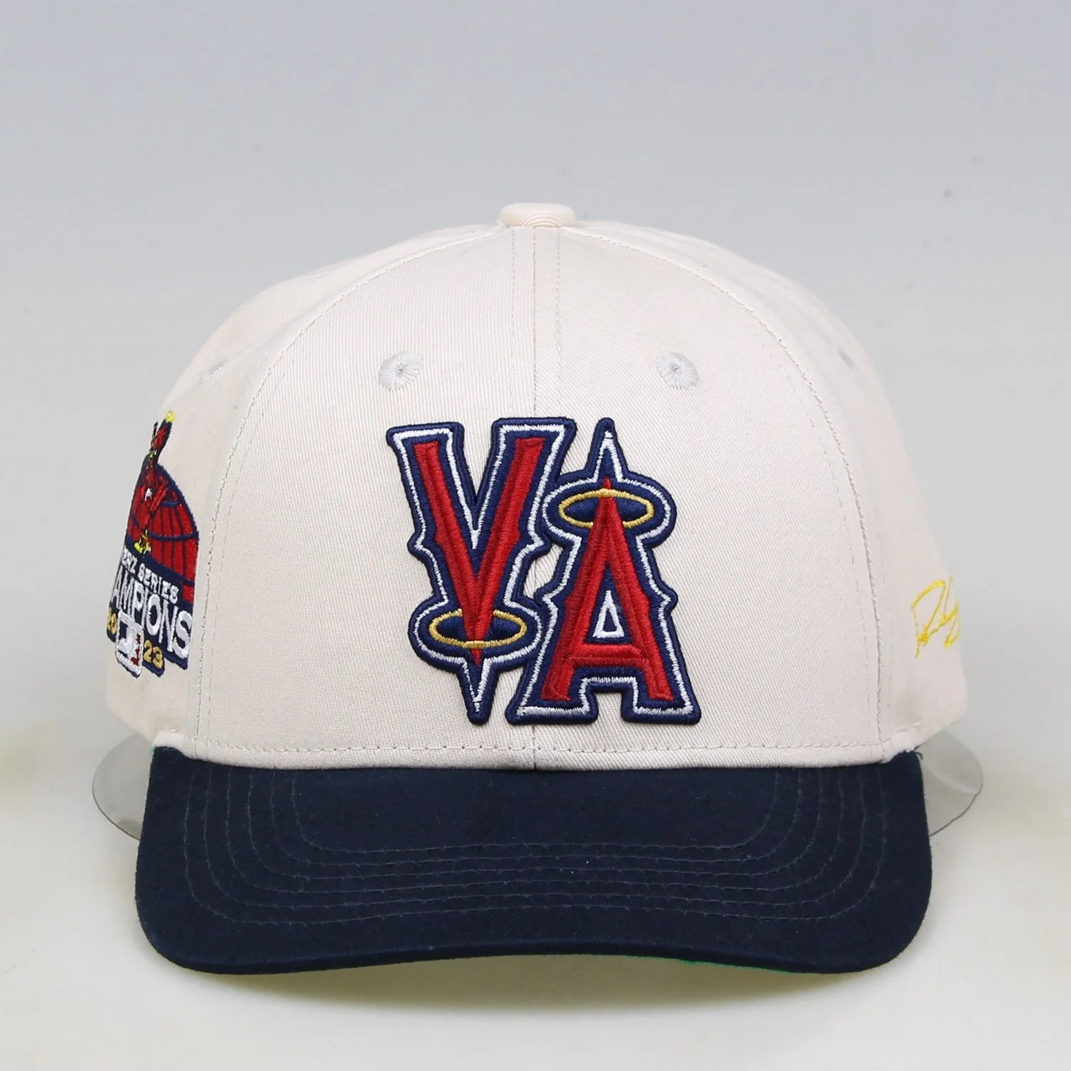 6 Panel 3D Embroidery Beige Baseball Cap Black Curved Brim Snap Back Hats With Custom Logo