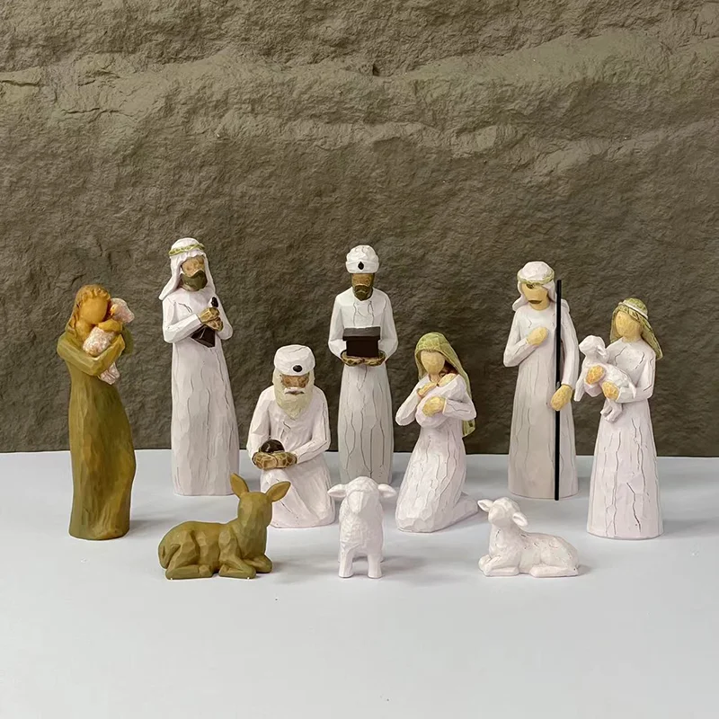 Nativity, Sculpted Hand-Painted Nativity Figures, 10-Piece Set Christ Birth of Jesus Resin Ornament Christmas