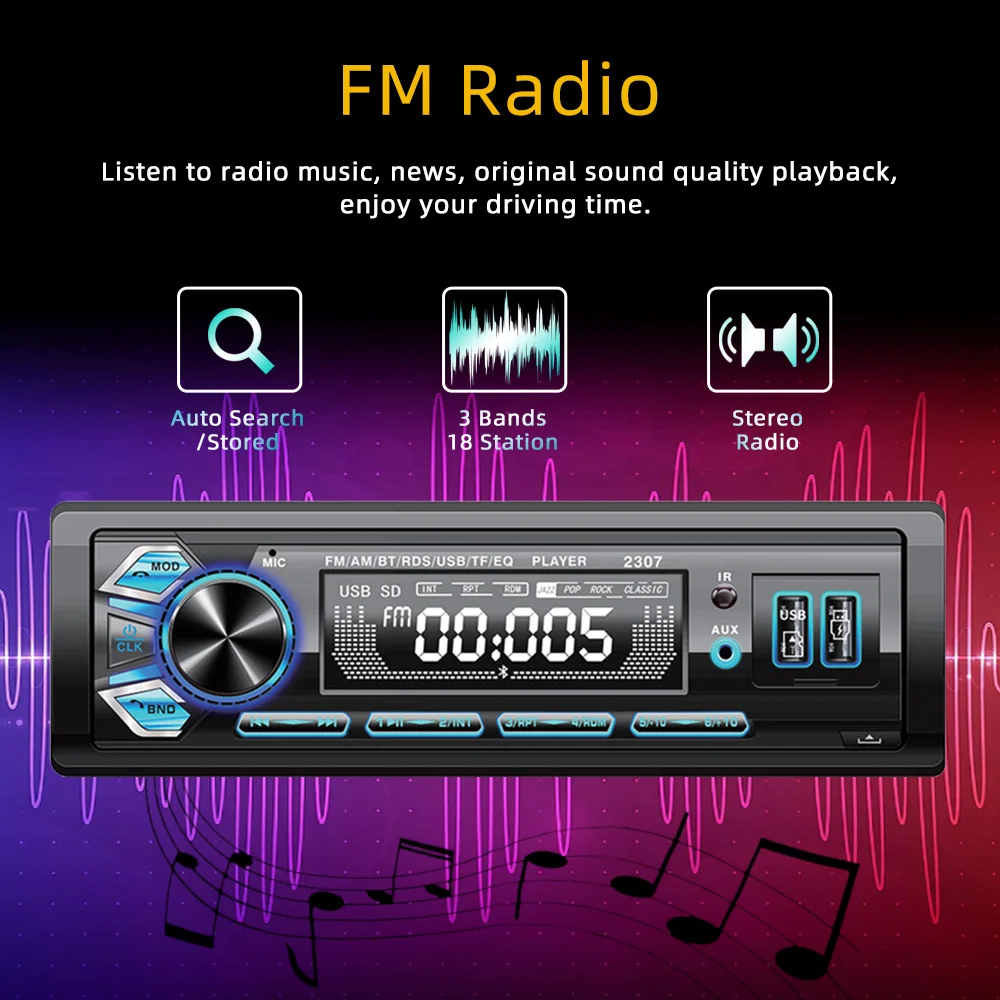 Car Radio MP3 Player 1 Din Removable Panel Stereo Radio FM BT EQ USB AUX Remote Control Colorful Lights