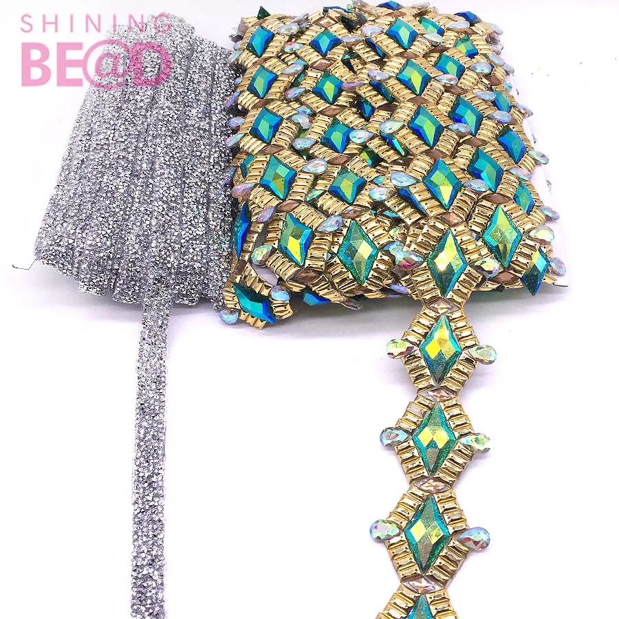 Hot Fix Carnival Accessories Crystal Pink/Green AB Rhinestone Applique Trim Iron On Rhinestone Banding Trim for Costume