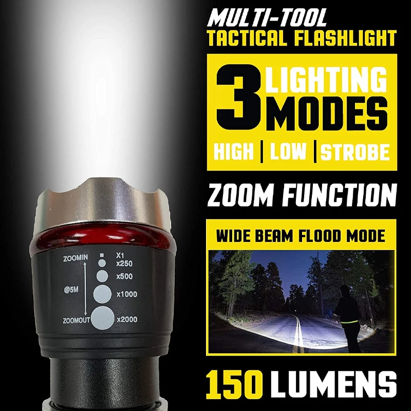 LED zoomable Stainless Steel 5 Piece Pocket Army Knife Tactical Multitool Flashlight With Seatbelt Cutter Window Glass Breaker