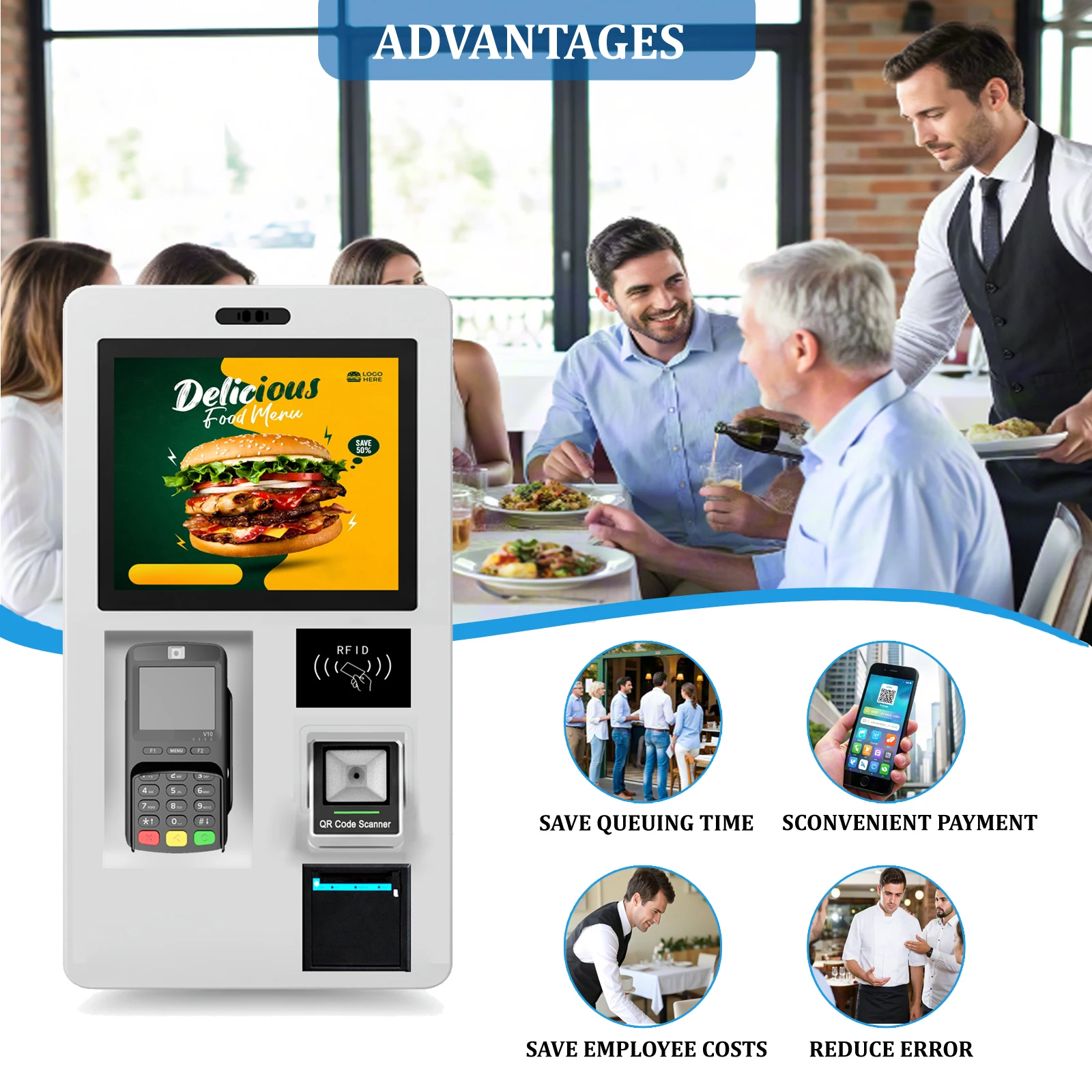 New Design Payment Kiosk Self Ordering Kiosk in Restaurant Equipment with Cash Pos Order Number Wall Mounted Information Kiosk