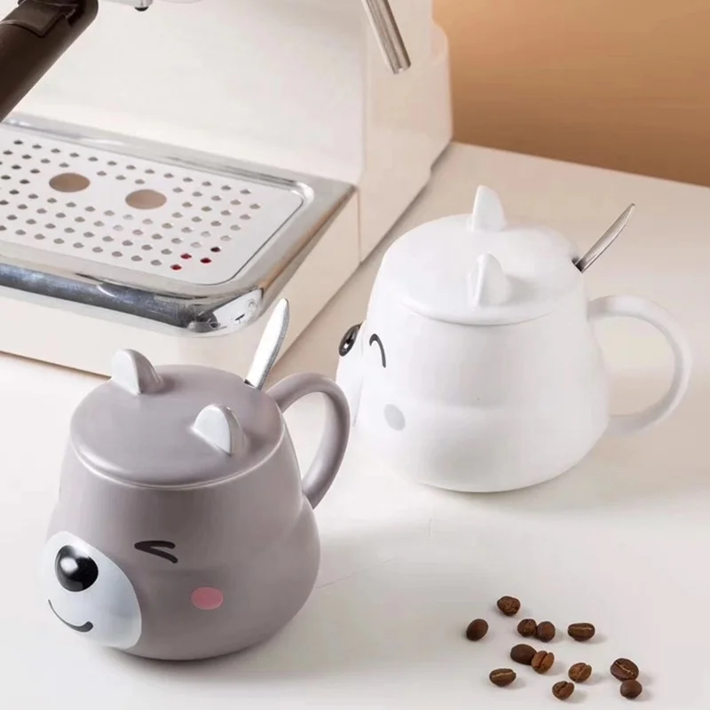 Ceramic Coffee Mug with Lid and Matching Spoon,Novelty 3D Husky Pattern Mug for Tea Milk Chocolate Juice,Cute Cup for Dog Lovers