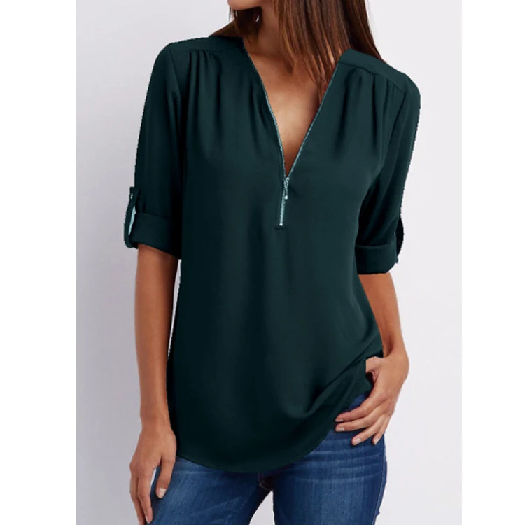
2019 New Fashion Women Tops 17 Colors Plus Size V-Neck Long Sleeve Chiffon Elegant Design Women Blouse Lady Shirt 