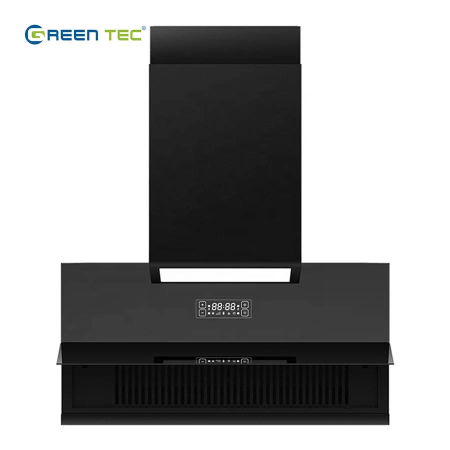 European Style Tempered Black Glass Slanted Wall Mounted Kitchen Exhaust Hood Extractor