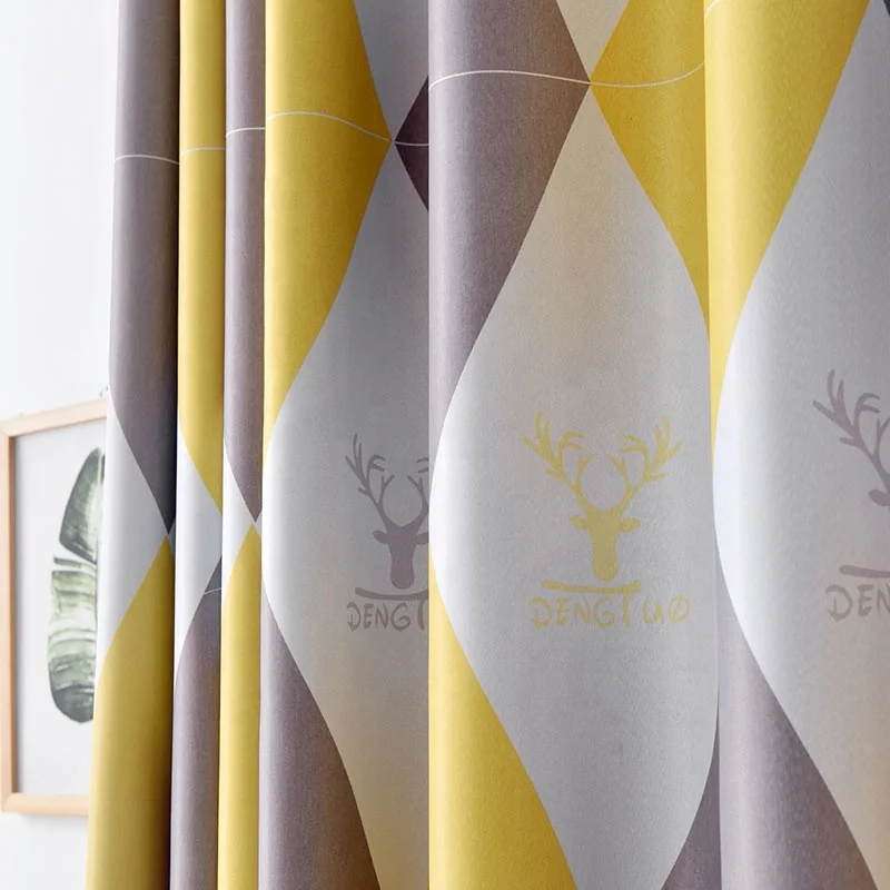 Bindi Ready Made Nordic Style Polyester Yellow Geometric Printed 100% Insulated Blackout Window Curtain for the Living Room